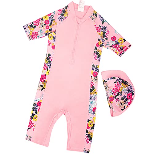 Julysand Toddler Girls Pink Flowers Sunsuit with Zipper Short Sleeve Shorts One Piece Swimsuit 2 Piece Islamic muslimswimwear