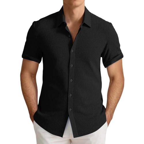 Camisa informal de corte ajustado para hombre, camisa de verano transpirable, cómoda para el día a día, camisa elástica de verano, cuello Kuban, camisa hawaiana, estructura a rayas, camisas de playa