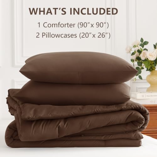 Image of HIMEET Queen Comforter Set, 3 Pieces 90 inchx90 inch with 2 Pillowcases, Brown