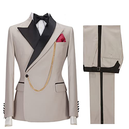 Lilis Mens 2 Piece Suit Slim Fit One Button Solid Formal Wedding Tux Blazer & Pants Khaki, 36-37 #TOP6