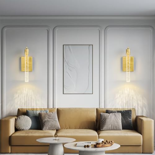 Image of Gold LED Wall Sconce Set of Two with Bubble Crystal Stick Wall Light Modern Bathroom Vanity Light Fixture for Bedroom Bedside Hallway