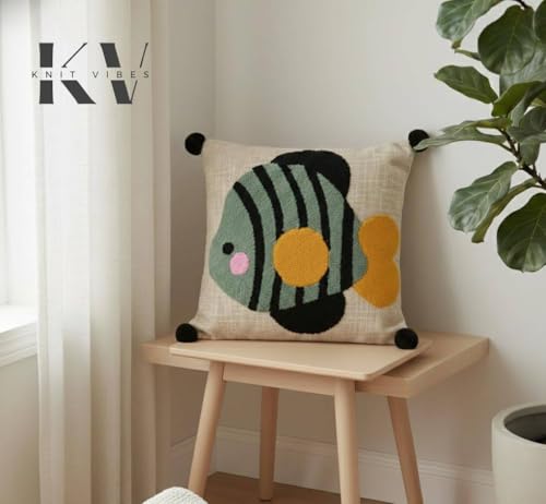 Image of Fish Embroidered Kids Cushion Cover 16 x 16 Inches or 40x40 cms Cotton Fabric Cushion Covers for Sofa Set /Diwan Beds, Sofa Throw Pillow Cover Only, Set of 1 Pc