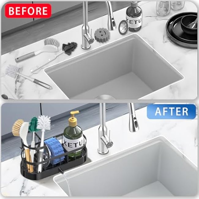 Sponge Holder for Kitchen Sink, Stainless Stee Sink Caddy with High Brush Holder, Self-Draining Sponge Caddy, Soap Dispenser Storage, Kitchen Accessories for Organization (Black, L)