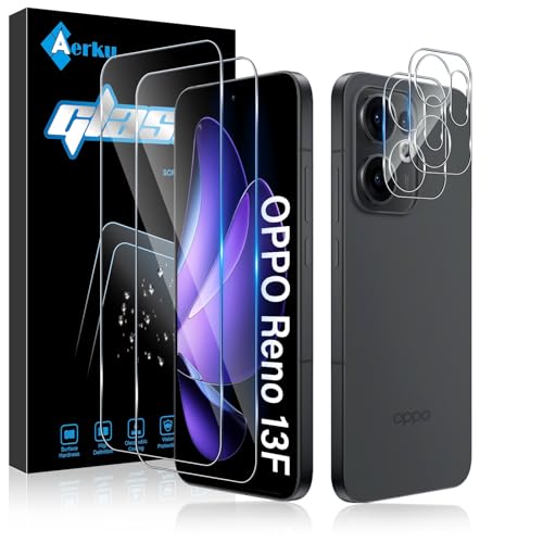 Aerku 2 Piezas Protector de Pantalla para Oppo Reno 13F / Reno 13 FS, con 2 Piezas Protector de Lente de Cámara, 0.33MM HD 9H Ultra Resistente Cristal Templado, Vidrio Templado