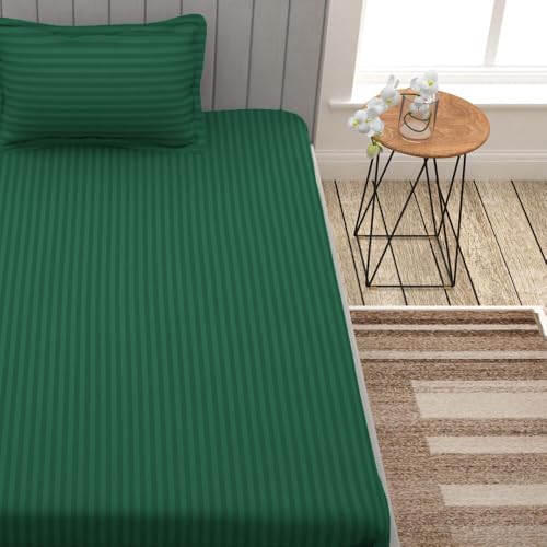 Image of Cotton Plain Stripe Single Bedsheet with 1 Pillow Cover (60 X 90 Inch) - Dark Green