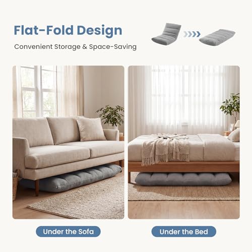 Image of DUMOS Folding Floor Chair with Back Support, Adjustable 14-Position Floor Seating with Comfy Teddy Velvet for Adults & Kids, Reading, Gaming, Meditation, Watching, Grey