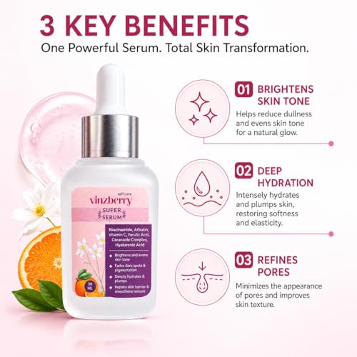 Image of VINZBERRY 5-in-1 Super Serum with Niacinamide, Arbutin, Vitamin C, Ferulic Acid, Ceramide Complex, Hyaluronic Acid | Brightens and Evens Skin Tone, Anti Aging, 30 ml Pack of 1