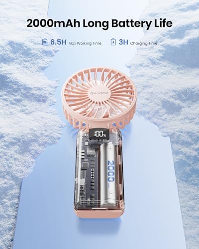 Image of Gaiatop Powerful Hand Fan, Portable Personal Fan Handheld Fan, 3 Speed Foldable Desk Fan with Digital Display, 2000mAh USB Rechargeable Fan for Indoor Outdoor
