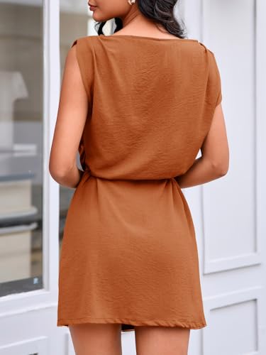 Image of Wenrine Womens 2026 Summer Mini Dress Casual Sleeveless Tie Waist Loose Ruched Beach Vacation Short Sundresses