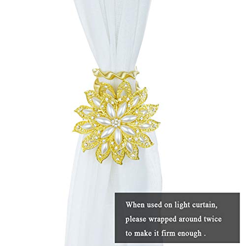 Mikomer 2Pcs Magnetic Curtain Tiebacks Decorative Crystal Flower Shape Window Curtain Holdback Buckles Tie Backs Holders With Stretchable Wire Rope For Home And Office,Golden+Pearl #TOP1