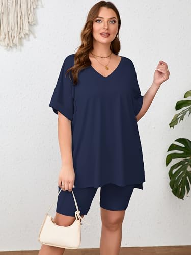 Image of AusLook Women's Plus Size 2 Piece Short Outfits Set Short Sleeve Tops and Shorts Pants Lounge Jogging outfits Matching Set