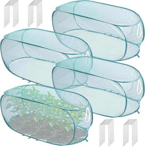 4 Pcs 39 x 18 x 16 Pop Up Garden Plant Covers Mesh Plant Protector for Raised Garden & Flower Bed Net Cage Plant Guard for Fruits Vegetables Seedlings and Herbs 32 Ground Stakes for Fixing