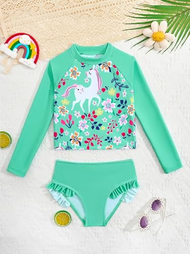Girls Floral UPF 50+ Rash Guard Sets Long Sleeve Swim Shirts with Briefs Bathing Suits3