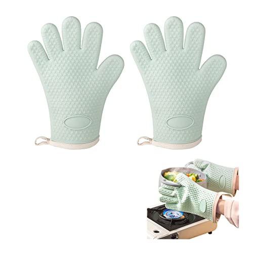 GreenGee 耐熱オーブンミトン シリコンミトン 耐熱グローブ 2個セット シリコン製 5本指 防水 滑り止め やけど防止 耐熱温度300℃ 汚れが目立たず 耐久性 電子レンジ オーブンレンジ ケーキを焼く 鍋料理 ホームベーカリー オーブン料理 グリラー バーベキュー (緑)