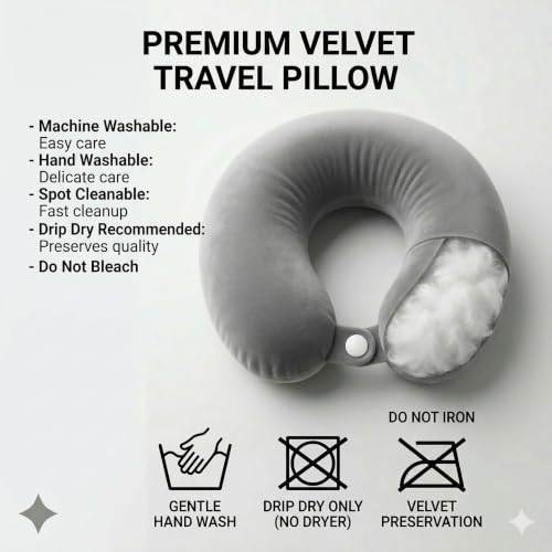 Image of Travel Neck Pillow for Adults, Fiber Filled U-Shaped Neck Support Pillow with Button Closure, Soft Plush Neck Cushion for Airplane, Car, Office & Travel (Grey)
