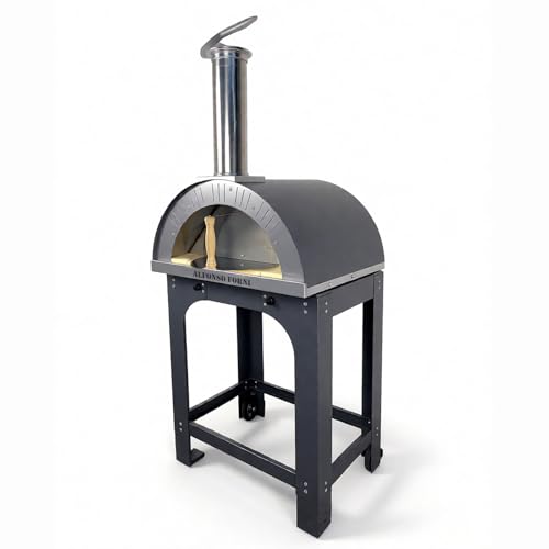 Forno a legna da esterno Per Pizza, Pane, focaccia Alfonso 2 Pizze Con Carrello Antracite, mattoni refrattari, biscotto 3 cm, portina acciaio inox e pirometro 500 gradi, cottura diretta, Made In Italy