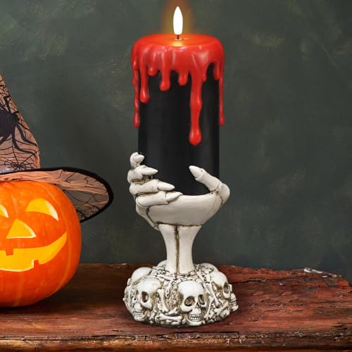 Image of Black Flameless Flickering Candles with Timer, Blood Dripping Wax Effect Battery Operated LED Pillar Candle with Skeleton Hand Candle Holder Halloween Table Centerpiece Decor(4 inch x 11 inch)