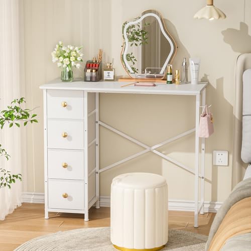 DAOUTIME Schminktisch ohne Spiegel, kleiner Make-up-Schminktisch mit 4 Stoffschubladen, weißer Schminktisch für kleine Räume, 80 cm Mädchen Schminktisch Schlafzimmer