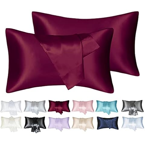 MisShow 2 Pack Satin Pillowcase Set,Microfiber Plain Pillowcases for Hair and Skin, Soft Anti Wrinkle and Stain Resistant Envelope Closure Standard Pillow Cases (Burgundy , 50 x 75 cm) Cover