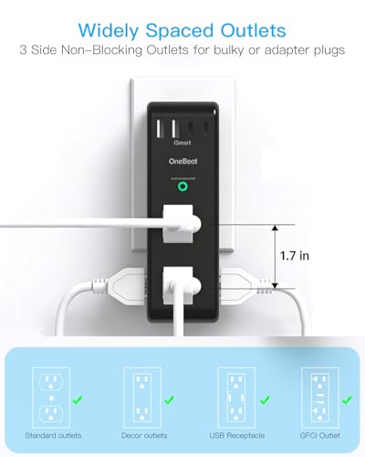 Image of Surge Protector Outlet Extender with Rotating Plug, 6 AC Multi Plug Outlet with 4 USB Ports (2 USB C), 3-Sided 1800 J Swivel Power Strip with Spaced Outlet Splitter for Home Dorm, Black, 2 Pack