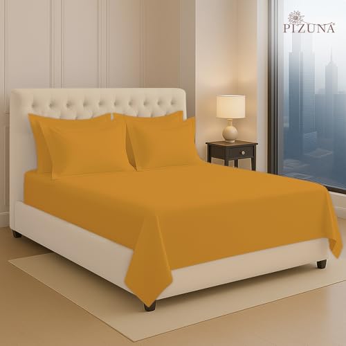 Image of Pizuna 100% Cotton Bedsheet Super King Size Honey Gold, 400 Thread Count Long Staple Combed Cotton Flat Bedsheets 108x108 Inches with 4 Pillow Covers, Bed Sheet for Super King Size Bed