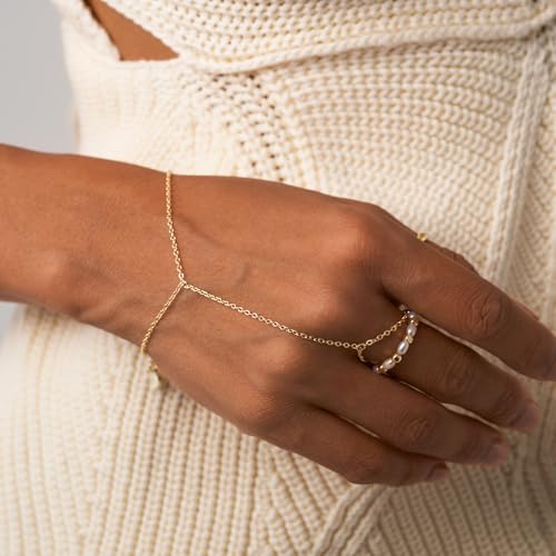 Hand Chain Bracelet 14k Gold Non-Tarnish Birthstone Finger Ring Bracelet for Women 6" to 8" Adjustable length4