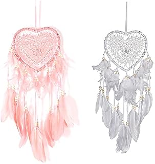 seelimGoo 2 Pcs White Heart Dream Catcher Feather Dream Catcher Handmade Fairy Dream Catcher for Bedroom Wedding Decoration