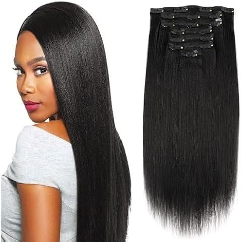 Sassina Clip in Human Hair Extensions Yaki Straight Style Natural Color Remy Unprocessed Soft Clip on Extensions Invisible Double Weft Clip in Hair Extensions 7 Pieces/Set 16 Inch 120 Grams Cover