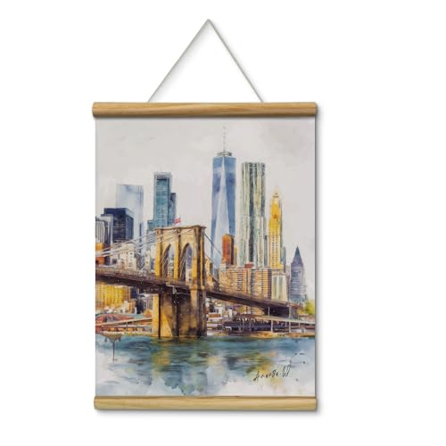 HUARCEY Vintage Brooklyn Bridge Manhattan Wall Art Hanging Scroll, 12x16 New York City Skyline Watercolor Canvas Print, Modern Urban Landscape Painting Modern Bedroom Home Gallery Office Decor