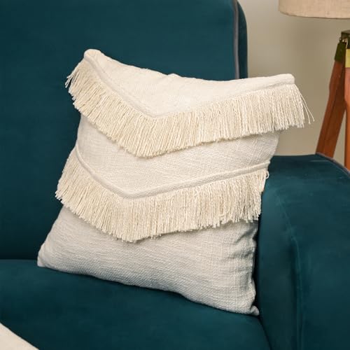 Image of Cotton Cushion Covers 18 inch x 18 inch | Boho Shaggy Square Decorative Cushion Cover for Bedroom | Hand Made Boho Throw Pillow Cover for Sofa (Set of 1, 18 * 18)