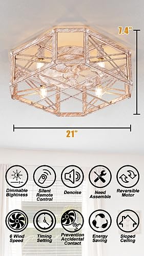 21'' Flush-Mount Ceiling Fan with Dimmable-Light Remote Control, Reversible-Motor, 6 Wind Speeds, Perfect for Bedroom, Living Room, Kitchen, Outdoor Gazebo, Patio, Low-Profile Design Retro Cage - Image 5