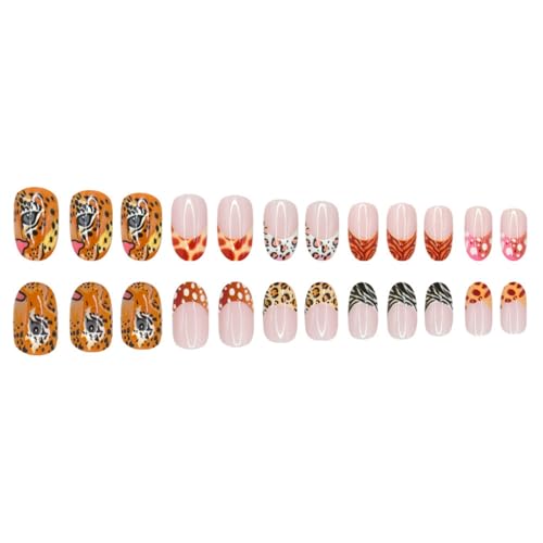 Image of Leopard Press on Nails French Tip Fake Nails Medium Almond False Nail Nude Glue on Nails Leopard Print Nail Press ons Artificial Acrylic Stick on Nail for Women Manicure 24Pcs