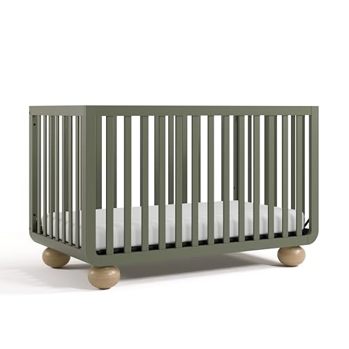 Image of Storkcraft Amalfi 5-in-1 Convertible Crib with Toddler Guardrail - GREENGUARD Gold Certified, Conversion Kit Included, Fits Baby Crib Mattress, Converts to Full Bed (Olive and Driftwood)