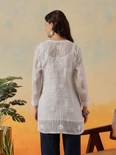 Image of Ada Women's Cotton Blend Regular Fit Tunic Hand Embroidered Lucknowi Chikankari Kota Western Top Kurti With Slip A911184