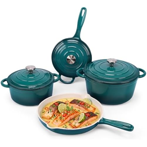 Hisencn Enameled Cast Iron Cookware Set,7 Piece Dutch Ovens Set,Teal