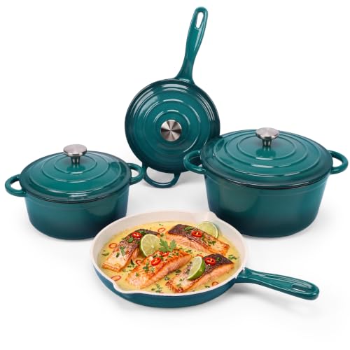 Hisencn Enameled Cast Iron Cookware Set,7 Piece Dutch Ovens Set,Teal