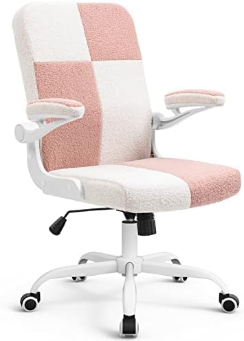 SEATZONE Ergonomic Office Chair Velvet Fabric Desk Chairs Computer Chair with Wheels and Flip-up Arms,Swivel Task Chair for Women,Girls Pink&White