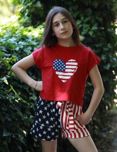 Image of Arshiner Girls 2 Piece Outfit Summer Drop Shoulder Batwing Sleeve Tops and Paperbag Waist Shorts Set Cute Clothing Size 6-14