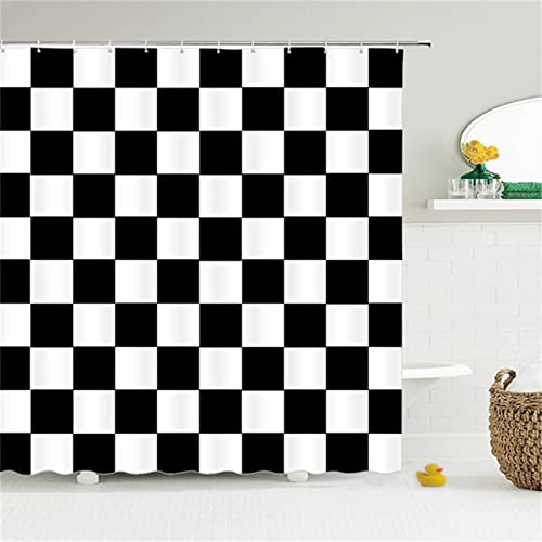 Cortina de Ducha,Cortina Baño de Poliester Resistente al Antibacteriano,Cortina Ducha Antimoho e Impermeable con 2 imanes de Peso Parte Inferior y 12 Ganchos 200x200cm Tela Escocesa en Blanco y Negro