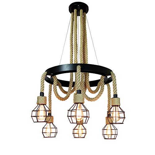 Preisvergleich Produktbild CSSYKV Sechs Licht altmodisch industrieller Hanfseil und schwarzer Eisenkäfig-Kronleuchter Retro E27-Glühlampen Wohnzimmer Esstisch Küchenutensilien [Energieklasse A]