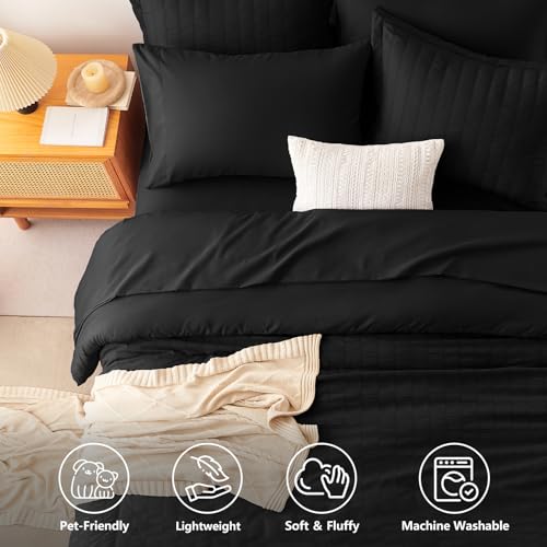 Image of CozyLux Oversized King Comforter Set with Sheets, 7 Pieces 120 inchx98 inch Black Seersucker Bed in a Bag, Luxury Soft Bedding Set with Down Alternative Comforter, Sheets, Pillowcases & Shams, Bedroom Bed Set