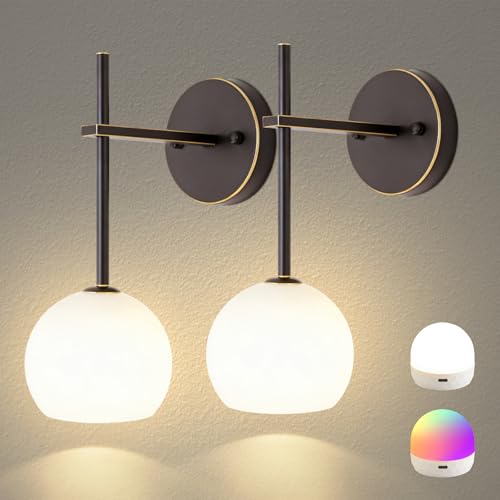 Image of Brown Gold Battery Operated Wall Sconces Set of 2, Rechargeable Wireless Wall Lights with Milky White Frosted Glass, 12 RGB and 3CCT Dimmable, Wall Lamps with Remote for Bedroom Living Room Hallway