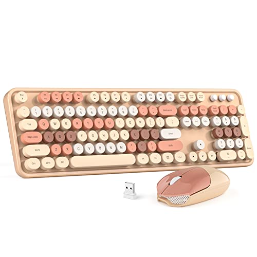 Wireless Keyboard and Mouse Combo, MOWUX Colorful Computer Full Size 2.4G Plug and Play Wireless Typewriter Keyboard and Mouse Set for Windows, Computer, Desktop, PC, Notebook - Milk Tea Colorful