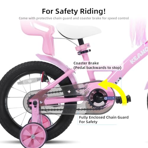 Image of KEANO Zinnia 14 16 20 Inch Kids Bike for Girls Ages 3-10 Years, Girls' Bikes with Training Wheels, Streamers, Basket and Doll Seat, Children Bicycles