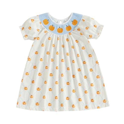 Toddler Baby Girl Smocked Halloween Dress Puff Sleeve Pumpkin Embroidery Dresses Halloween Outfit for Girls