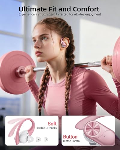 Image of PocBuds Bluetooth Headphones Wireless Earbuds 80hrs Playtime Wireless Charging Case Digital Display Sport Ear Buds with Earhook Deep Bass IPX7 Waterproof Over-Ear Earphones for Phone Laptop Rose Gold