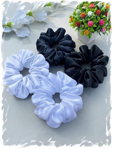 Image of Luxury Silk Scrunchies for Women and Girls, Hair Ties, Hair Band, Ponytail Holder (WhiteBlack)