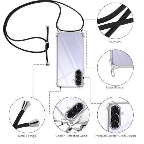 Pnakqil Etui do Samsung Galaxy A36 ze smyczą, przezroczyste etui ze smyczą na ramię na telefon komórkowy choker ochronny naszyjnik do Samsung Galaxy A36 6,64 cala, czarny