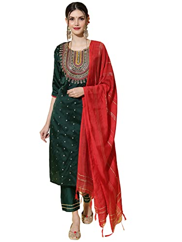 Image of VredeVogel Women's Silk Blend Embroidered Straight Kurta Trouser with Dupatta Set