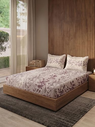 Image of DDECOR Live Beautiful 100% Compact Combed Cotton Leaves King Flat Bedsheet with 2 Pillow Covers | Rotary Print 145TC | Perfect for Everyday Bedroom Use | Cresta Collection | 2.24 x 2.54 M|Lilac Purple